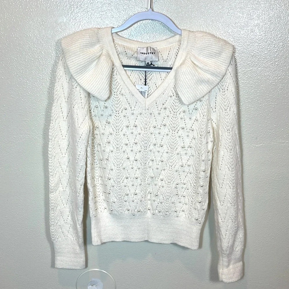 Industry Pearl Long Sleeve Ruffle Pointelle V-Neck Cable Pullover Sweater size M - Picture 8 of 8